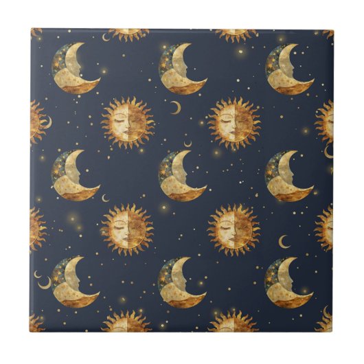 Celestial Sun & Moon Gold Starry Night Pattern (1) タイル (正面)