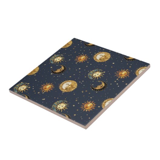 Celestial Sun & Moon Gold Starry Night Pattern (2) タイル (側面)