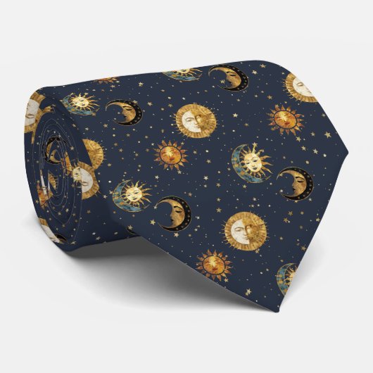 Celestial Sun & Moon Gold Starry Night Pattern (2) ネクタイ (ロール)