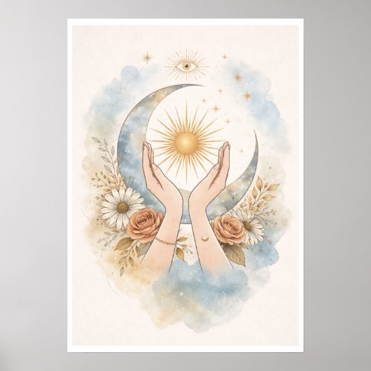 Celestial Sun Moon Hands Aesthetic Wall Art ポスター (正面)