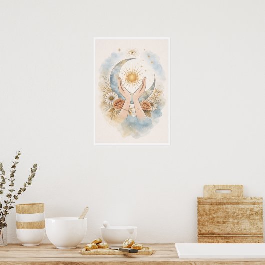 Celestial Sun Moon Hands Aesthetic Wall Art ポスター (キッチン)