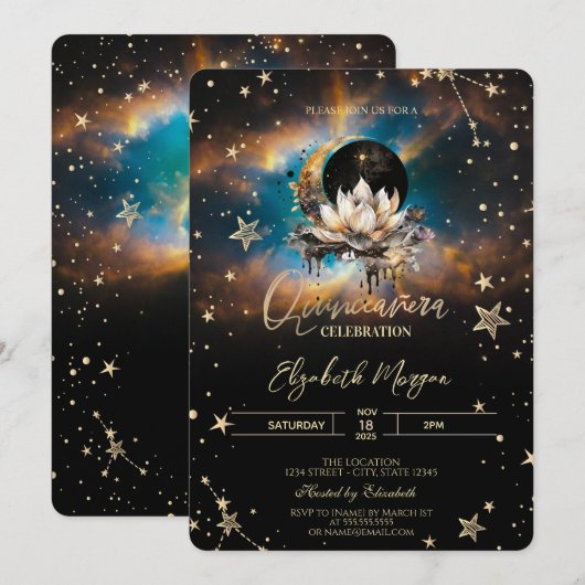 Celestial Sun,Moon Lotus Stars Quinceanera 招待状 (正面/裏面)