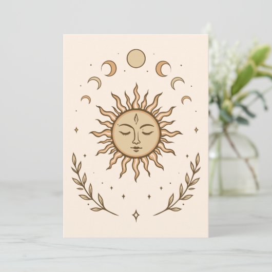 Celestial Sun Moon Phases Mystical Botanical Art カード (スタンド正面)