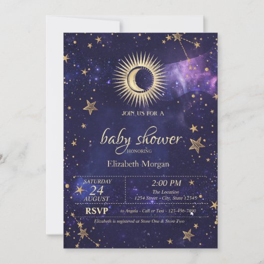 Celestial Sun,Moon,Stars Purple Night Sky  招待状 (正面)