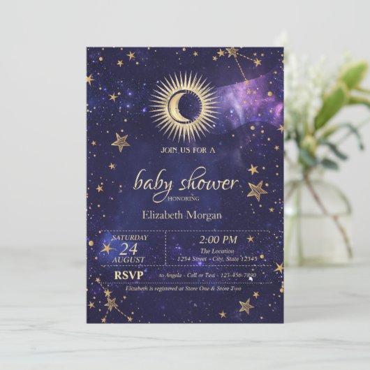 Celestial Sun,Moon,Stars Purple Night Sky  招待状 (スタンド正面)