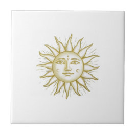 Celestial Sun with Face Gold and White タイル