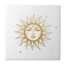 Celestial Sun with Face Gold and White タイル