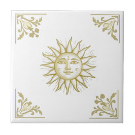 Celestial Sun with Face Gold and White Delft style タイル