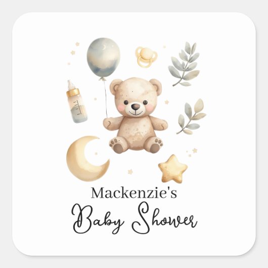 Celestial Teddy Bear Watercolor Baby Shower スクエアシール (正面)