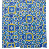 Celestial Tides Abstract Sapphire and Gold Mandal シャワーカーテン (正面)