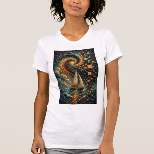 Celestial Voyage | 抽象的な3Dマイクロモザイク帆船 Tシャツ (正面)