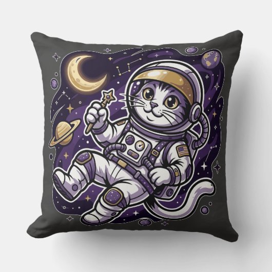 Celestial Voyager: Purple Astronaut Cat Space Masc クッション (正面)