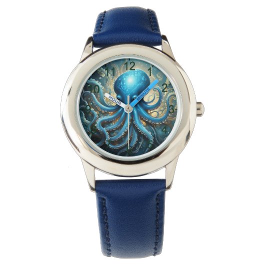 Celestial Waves: Blue Octopus Fractal Art,  腕時計 (正面)