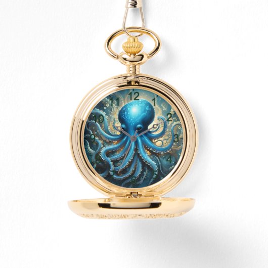 Celestial Waves: Blue Octopus Fractal Art,  腕時計 (正面)