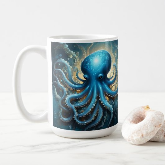 Celestial Waves: The Blue Octopus Fractal Art コーヒーマグカップ (ドーナツ)