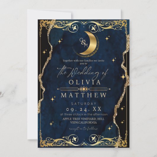 Celestial Wedding Blue and Gold Photo Wedding 招待状 (正面)