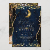 Celestial Wedding Blue and Gold Photo Wedding 招待状 (正面/裏面)
