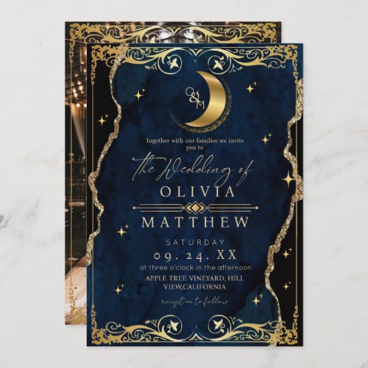 Celestial Wedding Blue and Gold Photo Wedding 招待状 (正面/裏面)