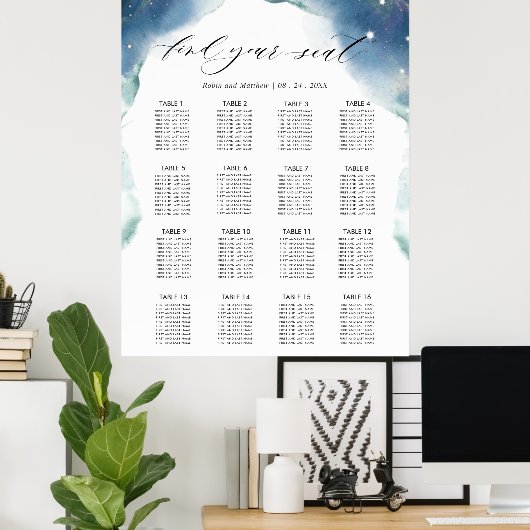 Celestial Wedding Reception 16 Seating Chart Sign ポスター (ホームオフィス)
