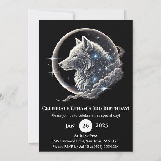 Celestial White Wolf Moon Birthday Invitation 招待状 (正面)