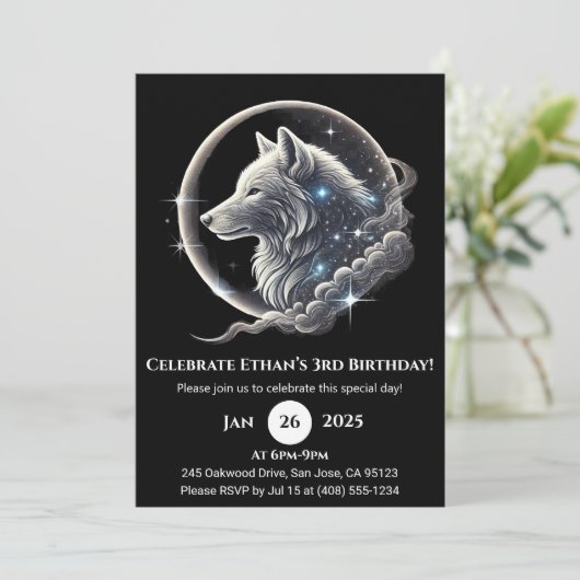 Celestial White Wolf Moon Birthday Invitation 招待状 (スタンド正面)
