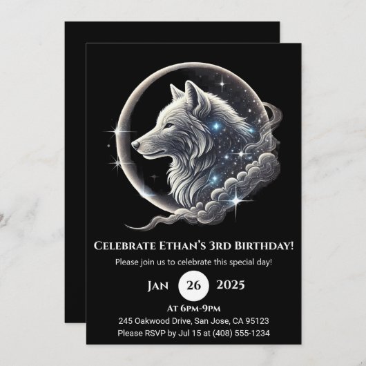 Celestial White Wolf Moon Birthday Invitation 招待状 (正面/裏面)