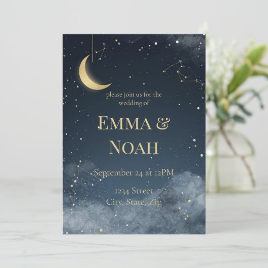 Celestial Winter Wedding Invitation | Navy & Gold 招待状 (スタンド正面)