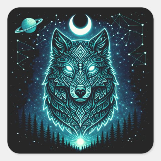 Celestial Wolf – Cosmic Howl Wildlife Galaxy スクエアシール (正面)