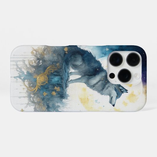 Celestial Wolf Night Sky Gold Filigree iPhone 16 P iPhoneケース (裏面横)