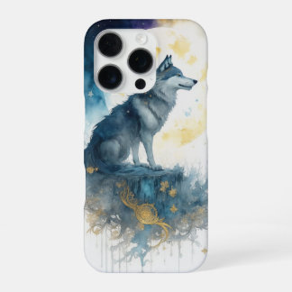 Celestial Wolf Night Sky Gold Filigree iPhone 16 P Proケース