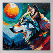 Celestial Wolf Under Painted Moon – Abstract  ポスター (正面)