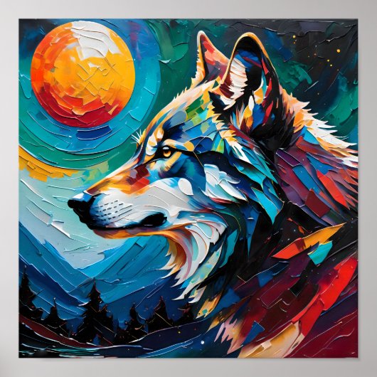 Celestial Wolf Under Painted Moon – Abstract  ポスター (正面)