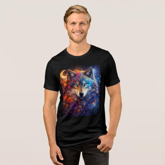 Celestial Wolf with Flowers and Crescent Moon トライブレンドTシャツ (正面全面)