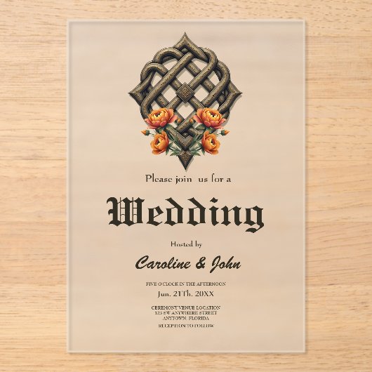 Celtic art and floral splendor in warm tones アクリル招待状 (正面)