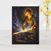 Celtic Blacksmith Goddess Forging Sword Fantasy Ar カード (黄色い花)
