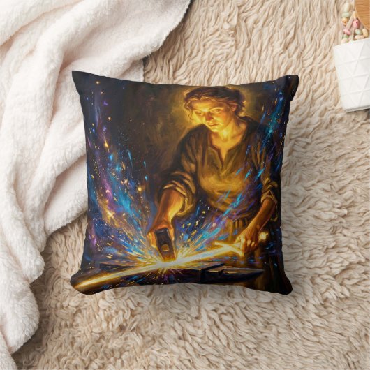 Celtic Blacksmith Goddess Forging Sword Fantasy Ar クッション (ブランケット)