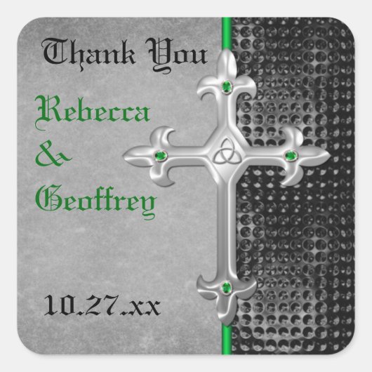 Celtic Cross Green,ブラック,結婚式の引き出物シール スクエアシール (正面)