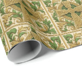 Celtic Cross Green Gold Carved Look Wrapping Paper ラッピングペーパー (ロールコーナー)