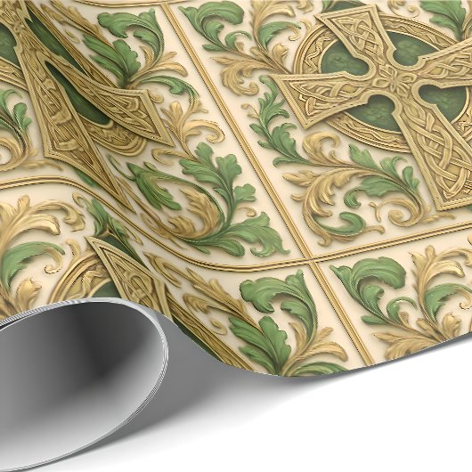 Celtic Cross Green Gold Carved Look Wrapping Paper ラッピングペーパー