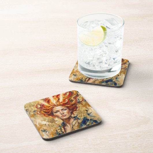 Celtic Fire Goddess Brigid Gold Leaf Fantasy Art コースター (右側)