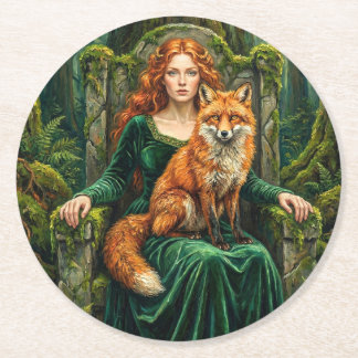 Celtic Forest Queen Red Fox Witch Fantasy Art ( ラウンドペーパーコースター