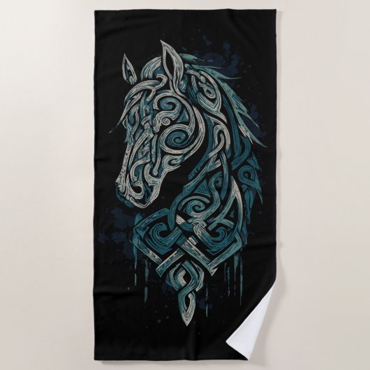 Celtic Horse Head – Viking Knot Design ビーチタオル (正面)