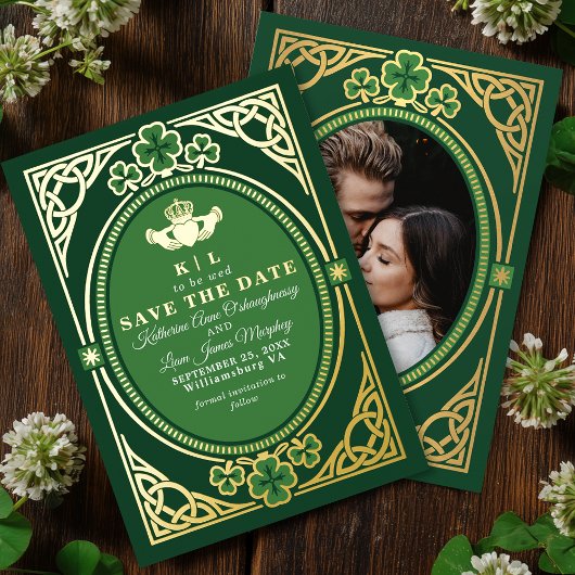 Celtic Knot Claddagh Shamrock Save the Date 箔招待状