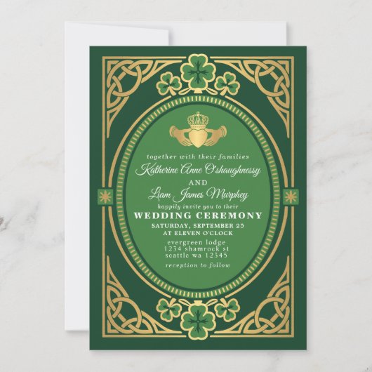 Celtic Knot Claddagh Shamrock Wedding Green  招待状 (正面)