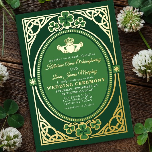 Celtic Knot Claddagh Shamrock Wedding Green  箔招待状