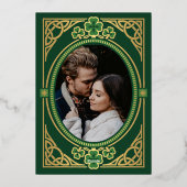 Celtic Knot Claddagh Shamrock Wedding Green Photo 箔招待状 (裏面)