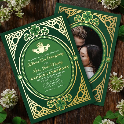 Celtic Knot Claddagh Shamrock Wedding Green Photo 箔招待状