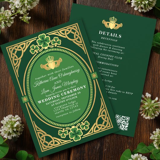 Celtic Knot Claddagh Shamrock Wedding Green QR 招待状