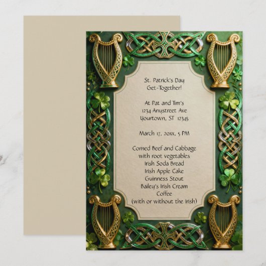 Celtic Knots and Harps St. Patrick's Day 招待状 (正面/裏面)