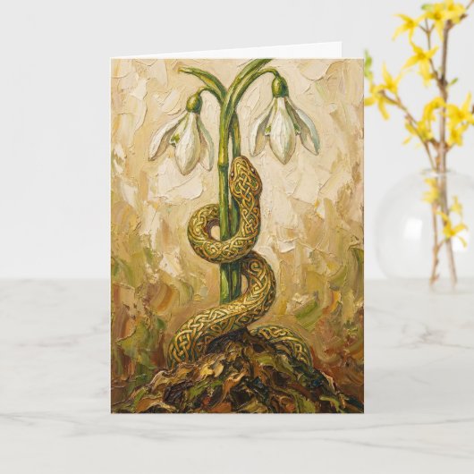 Celtic Snake Snowdrops Imbolc Rebirth Fantasy Art カード (黄色い花)